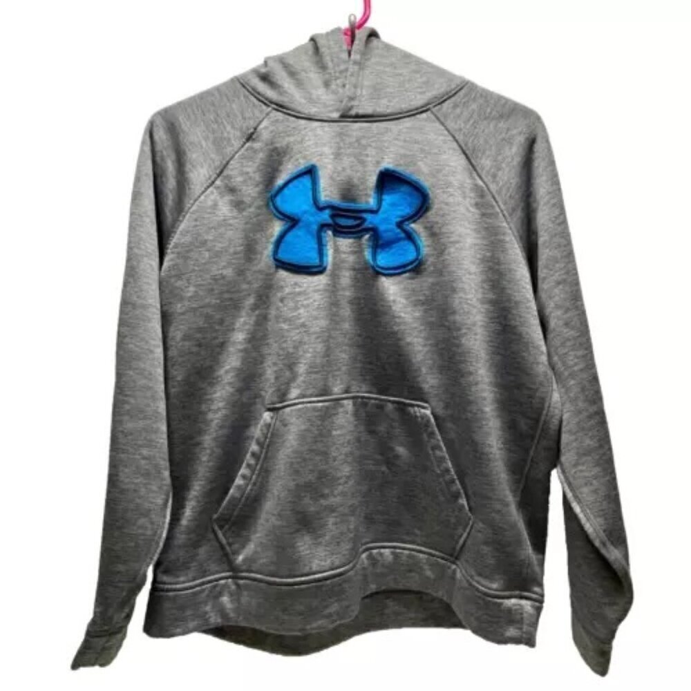Under‎ Armour Youth Storm Hoodie Heathered Grey Blue Logo Size YXL Loose Fit GUC